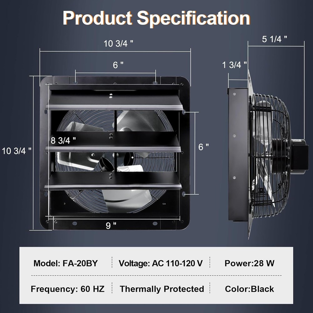 Wall Mounted Shutter Exhaust Fan with Speed Controller , Adjustable Thermostat
