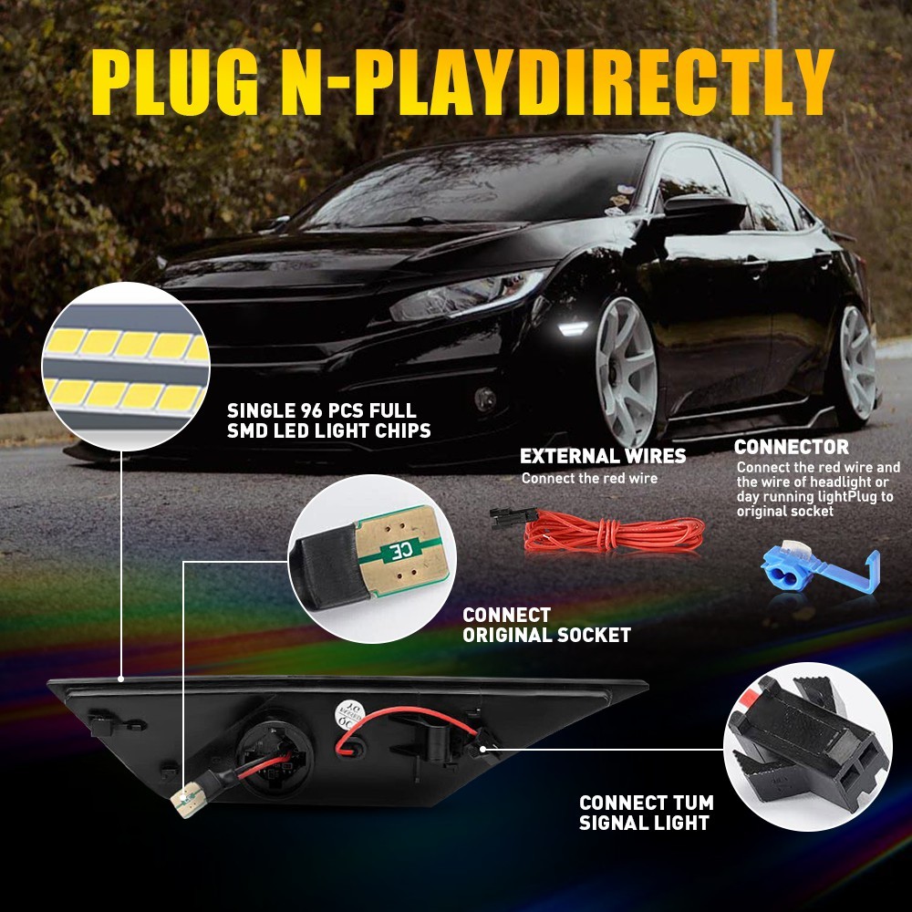 Smoked Sequential Signal LED Side Marker Lights For 16-21 Honda Civic 1-10Set