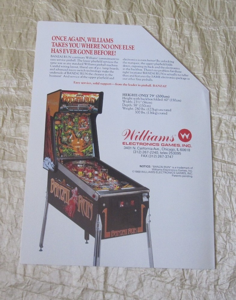 1988 WILLIAMS BANZAI RUN PINBALL FLYER