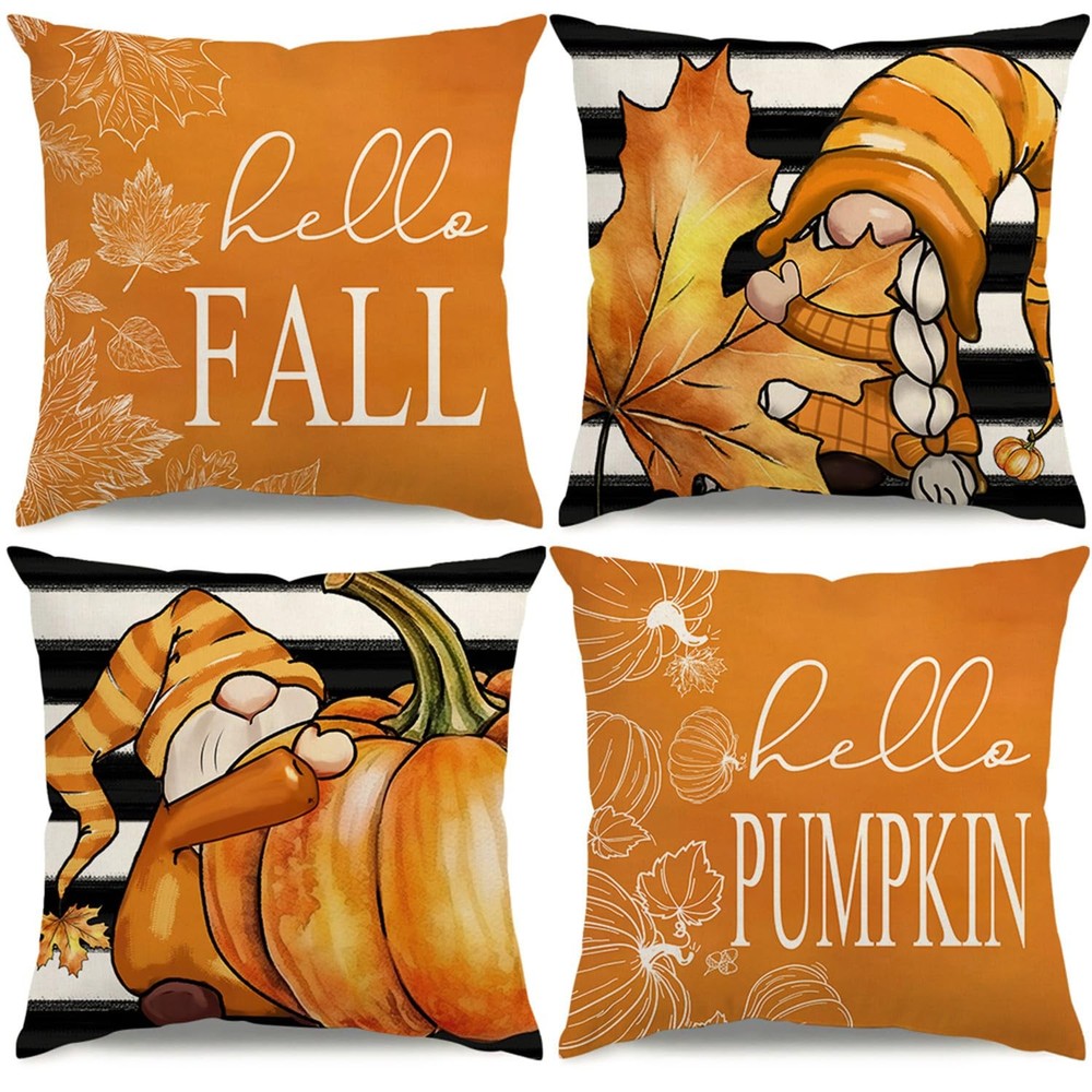 Hello Fall Decorations Maple Leaf Pumpkin Pillow Covers Thanksgiving 4PCS 18x18"