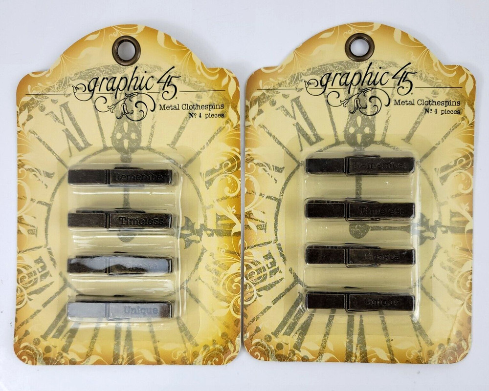 8 Graphic 45 Embossed Words Metal Clothespins Remember Timeless Create Unique