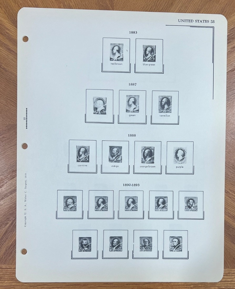 VINTAGE SARGENT LOOSE LEAF STAMP ALBUM PAGES #111 REGULAR ISSUES, 19TH CENTURY