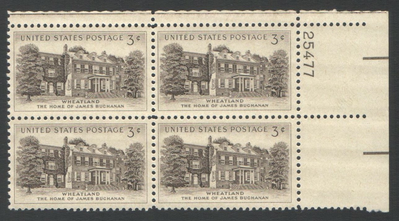 Vintage Unused US Postage Block 4 Cent Stamps WHEATLAND James Buchanan Home