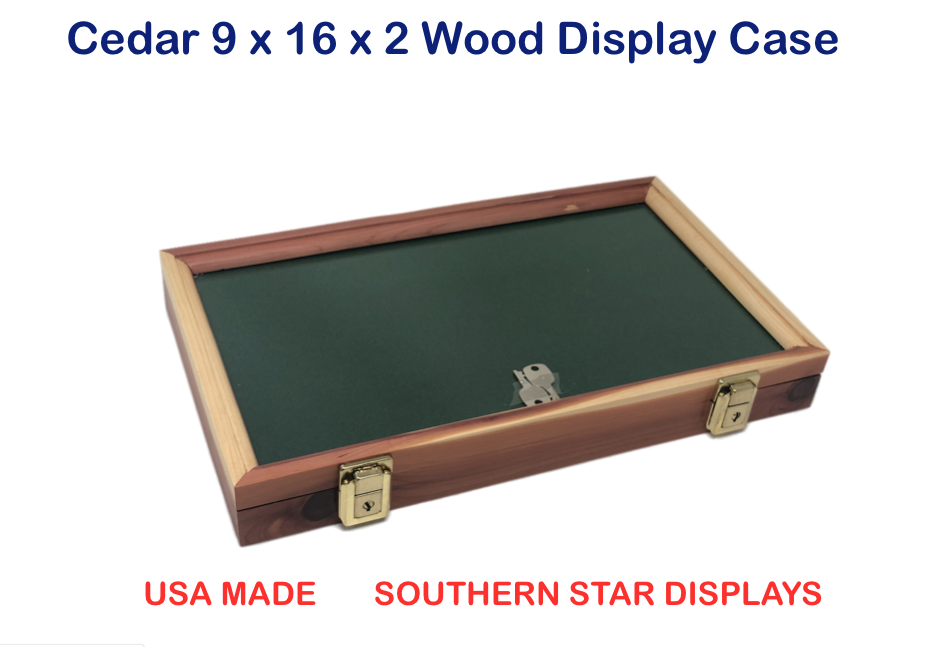 Cedar Wood Display Case 9 x 16 x 2 Glass Top for Arrowheads Knifes Coins & More