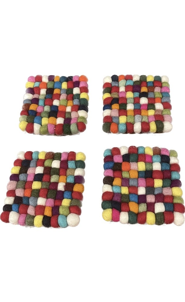 4” Set 4 Handmade Multicolor Felt Balls Coaster Trivet Square Wool Pom Nepal T2