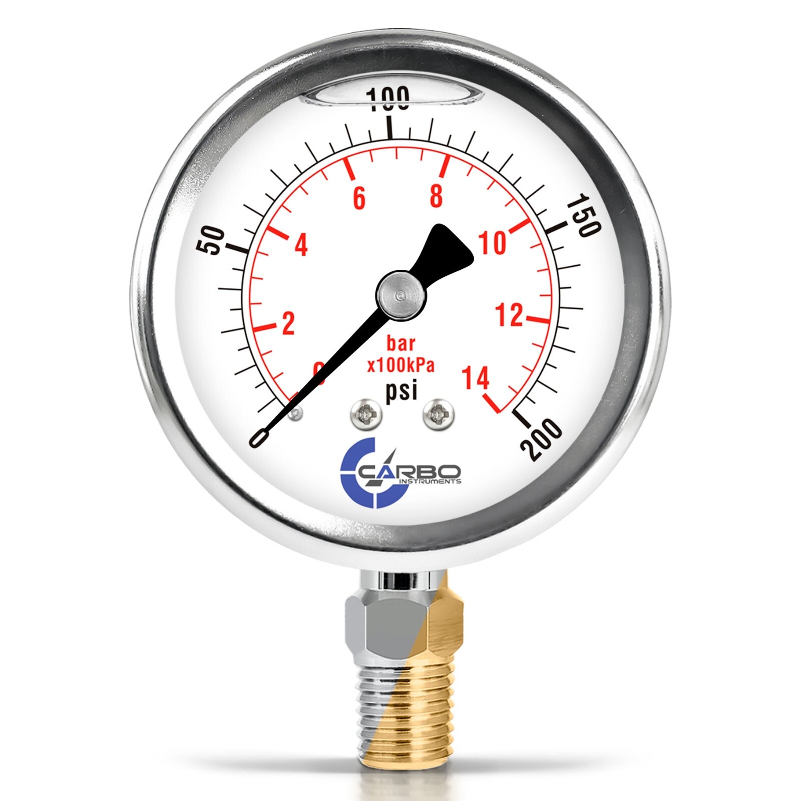 2-1/2" Pressure Gauge, Stainless Steel Case, Liquid Filled, Lower Mnt 200 PSI