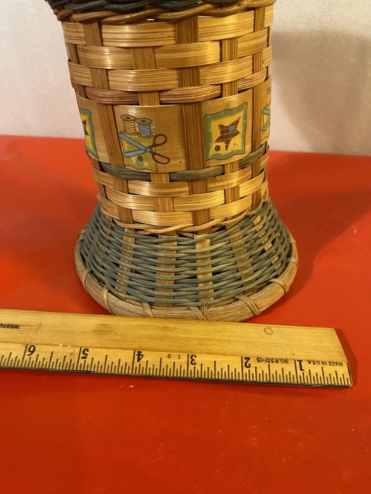 VTG Wicker Basket Sewing Thread Spool Shaped Design Tall Cottagecore Seamstress