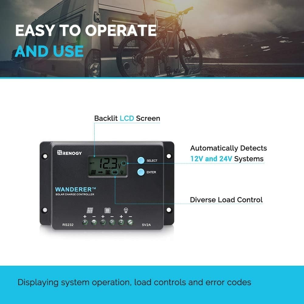 Compact 10 Amp Solar Charge Controller with LCD for AGM, Gel & Lithium Batteries