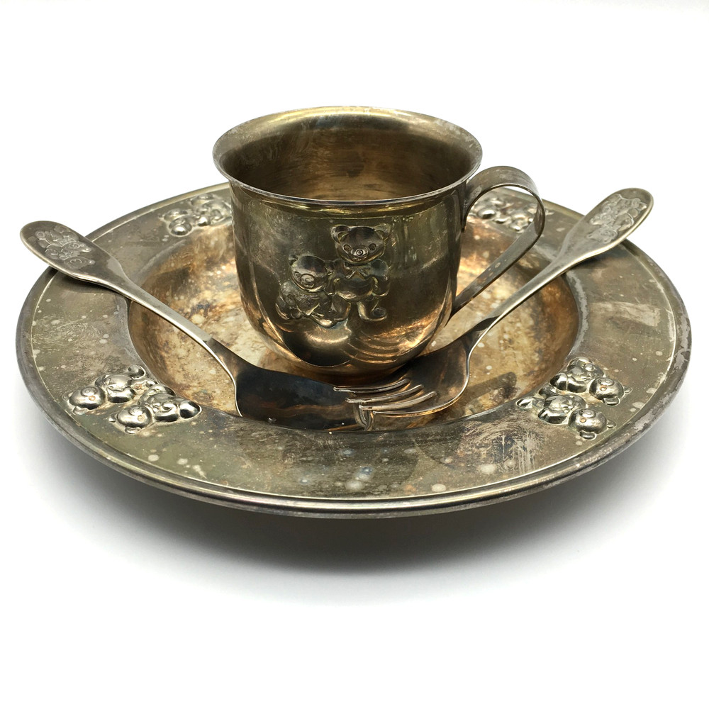 Vintage 80's Godinger Silver Plate Bears Motif Child's Bowl Cup Fork Spoon Set