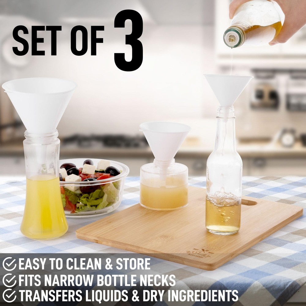 3Piece Kitchen Funnel Set, Plastic Large Medium Small Funnels for Bottles, White