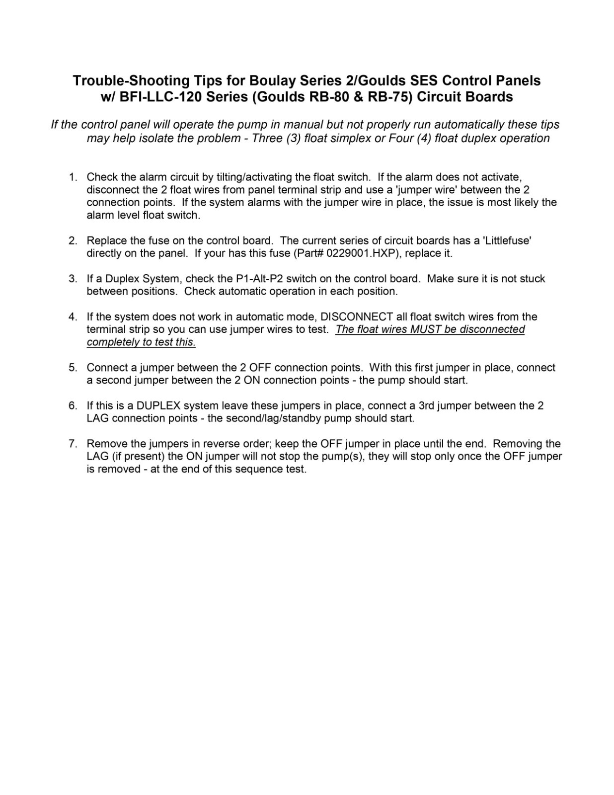 Duplex Pump Logic Control Board, Goulds RB-75,Boulay BFI-LLC-120, fits SES Panel