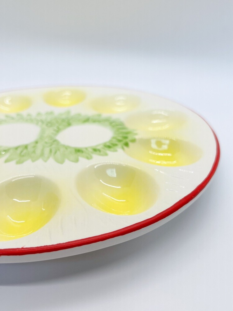 Vintage Ceramic ?Enesco Easter deviled eggs platter round, green/yellow/red 9”