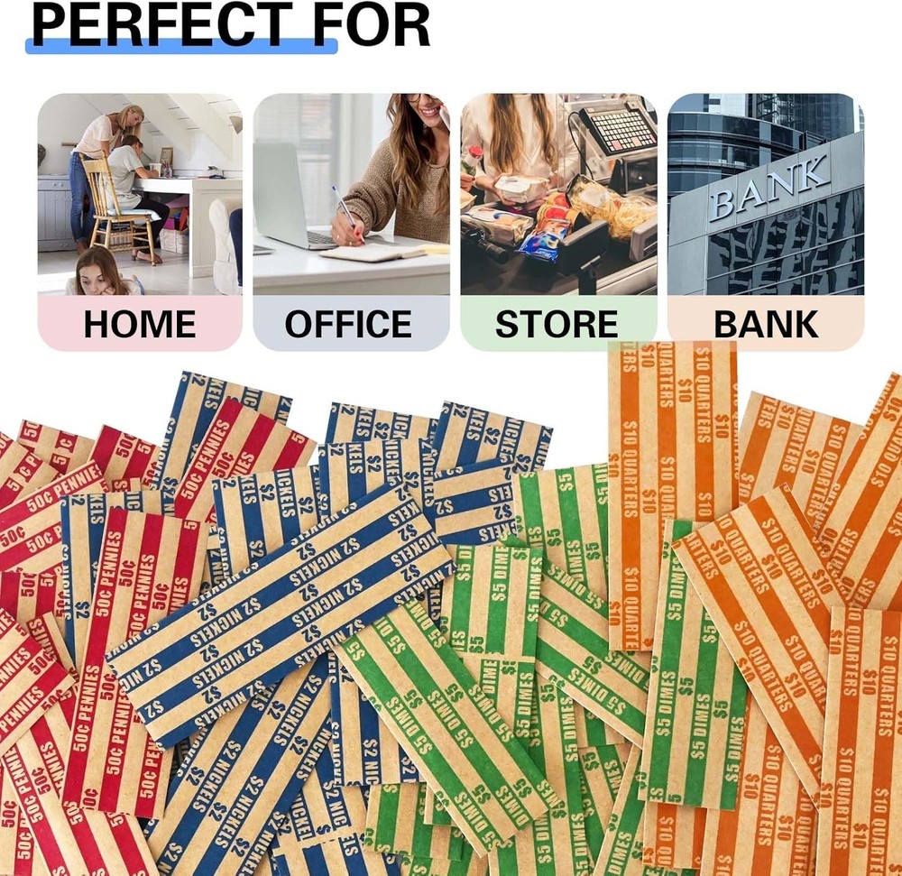 100 pcs Assorted Packed Flat Stripped Coin Wrappers, Coin Rolls Wrapper for Q...