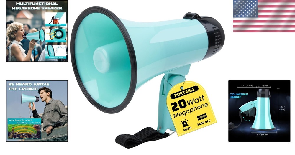 Lightweight 20W Megaphone with Volume Control & Recording Function, 5.4"W