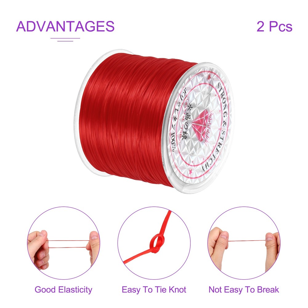2 Rolls Elastic String for Bracelets, 0.8mm Stretch Bead Cord Red, 100m