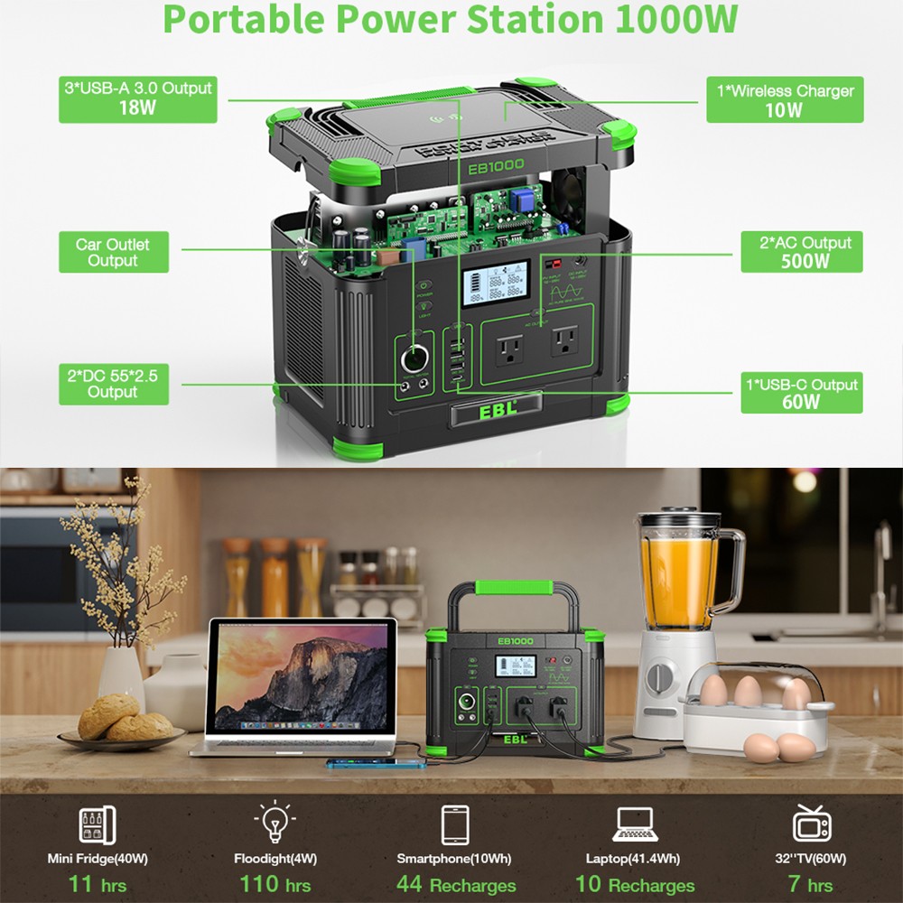 EBL 1000W/999Wh LiFePO4 Lithium Battery Portable Power Station Power Sup⁣ply