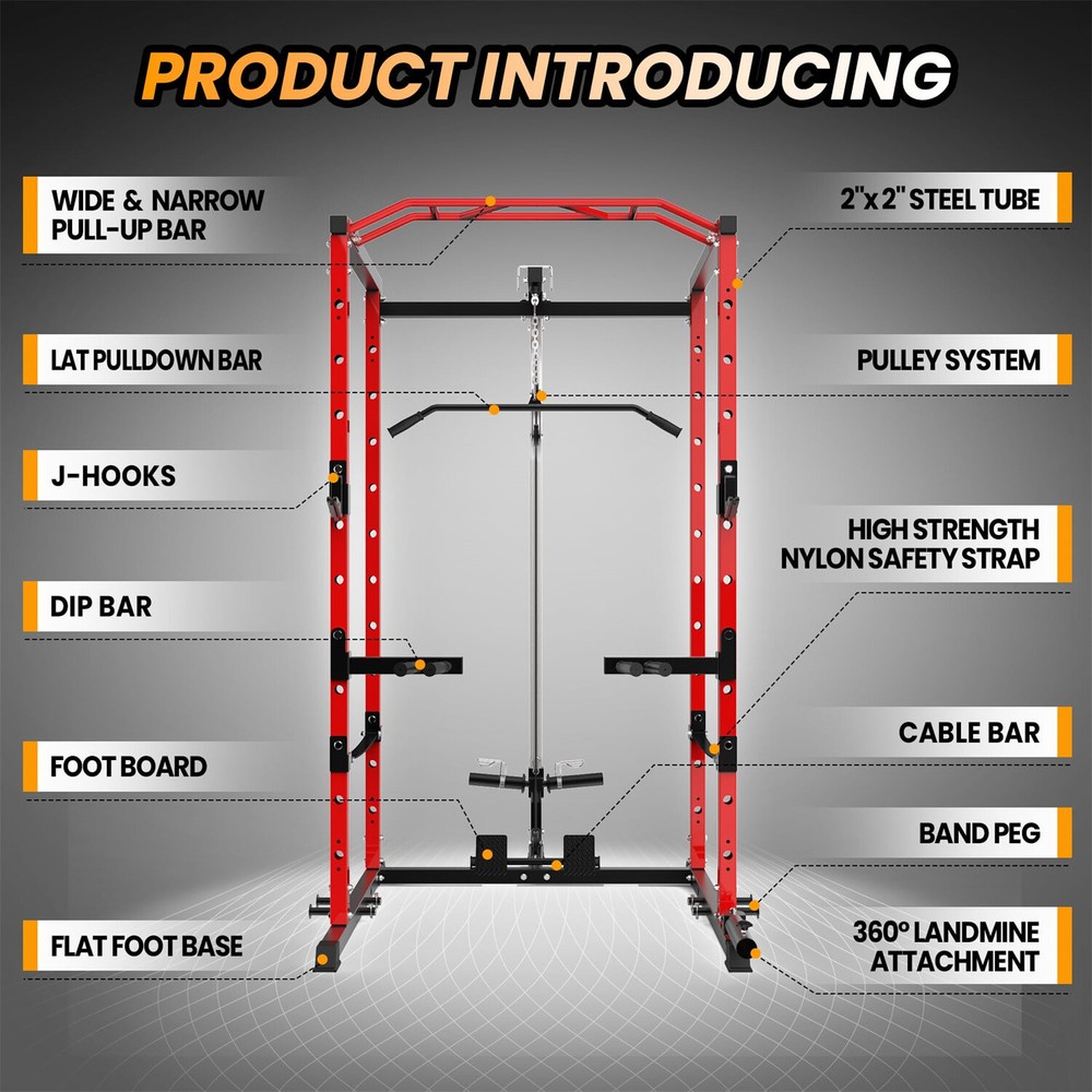 💯🔥✅1600LBS Power Cage with LAT Pulldown Multi-Functional Power Rack with J-Hoo