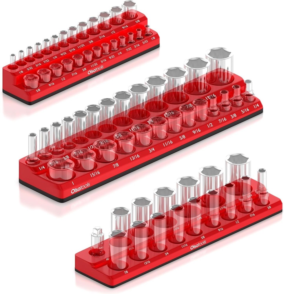 Red Magnetic Socket Holder Set - 68 Socket Capacity for 1/4”, 3/8”, 1/2” Drives