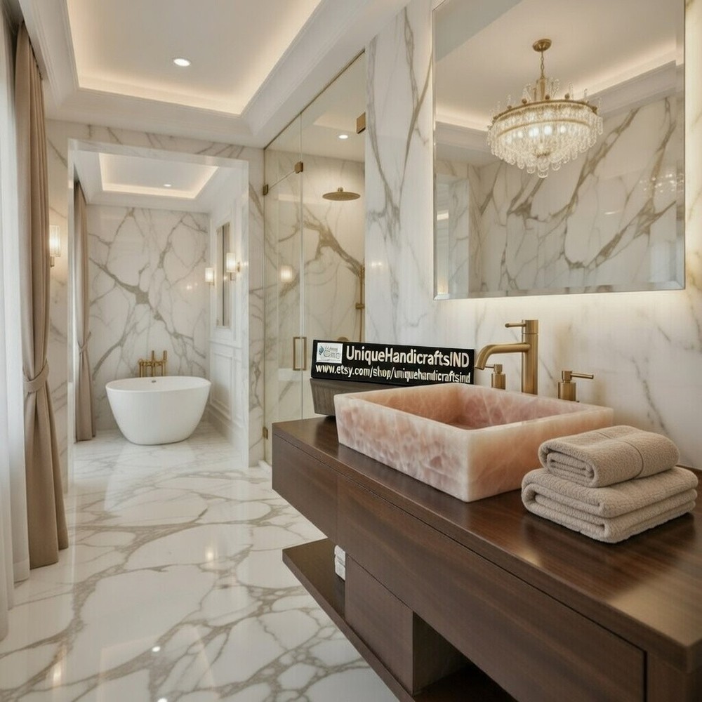 Luxury Rose Quartz Rectangular Stone Sink: Boho Spa Bathroom Vanity Basin