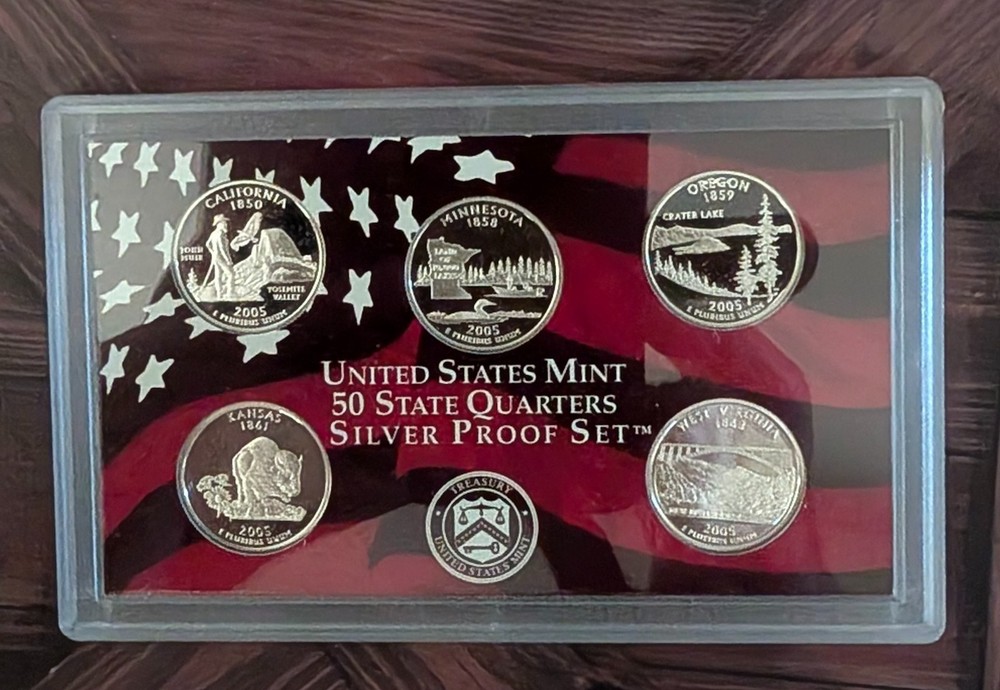 2002-2008 US Mint Silver S Proof State Quarters Sets in Cherry Wood Display Case