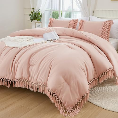 Pink Full Size Comforter Set, 3 Pieces Boho Tassel Lightweight Soft Bedding