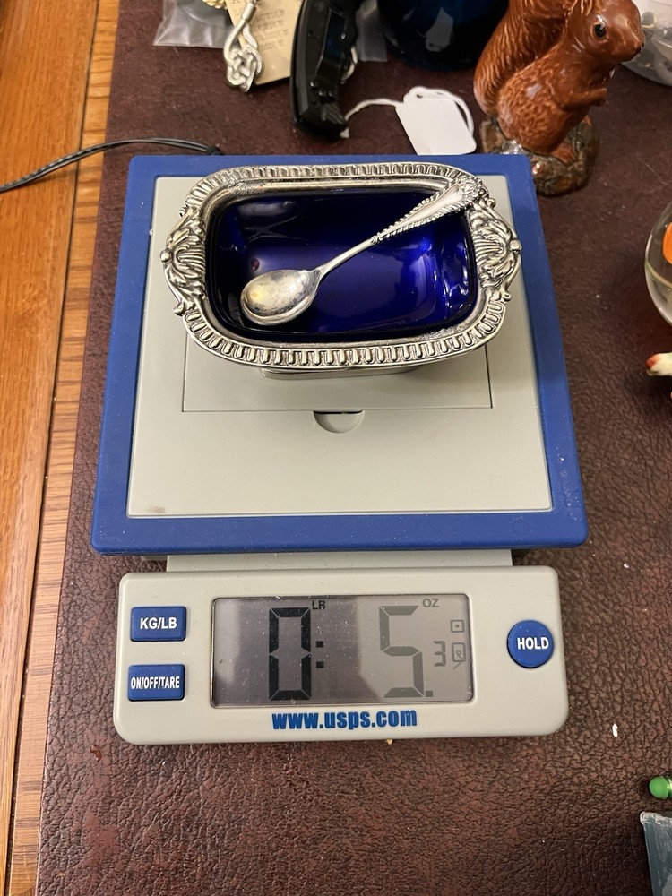 Footed Open Salt Cellar Cobalt Plastic Insert Silver Plate Base Made In England