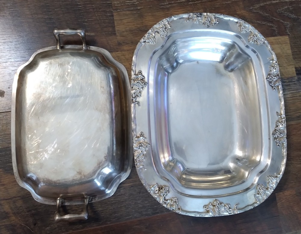 Antique silver serving dish with handled lid, grape design