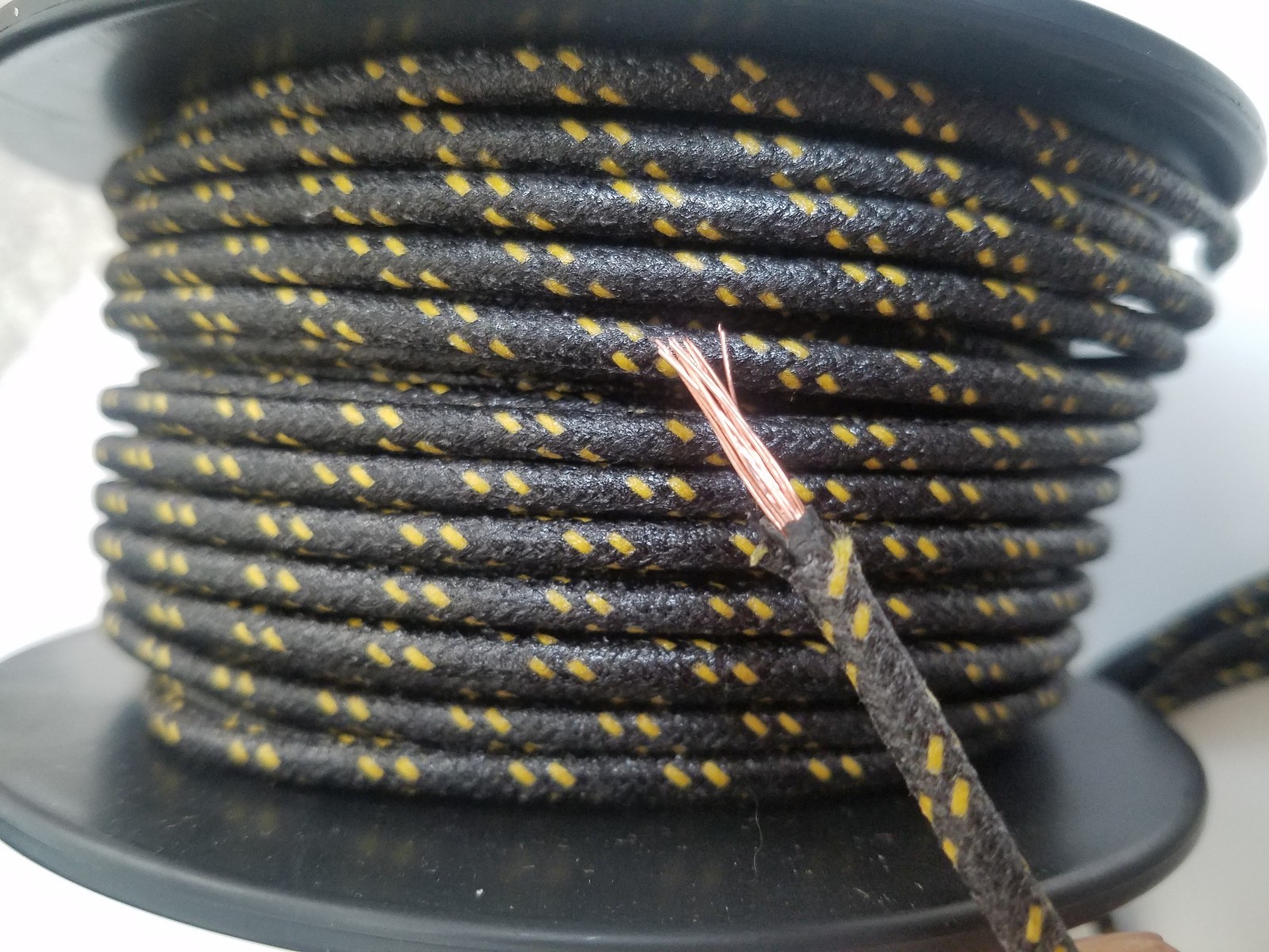 10 feet Vintage Braided Cloth Covered Primary Wire 14 GA gauge Black w/ Yellow