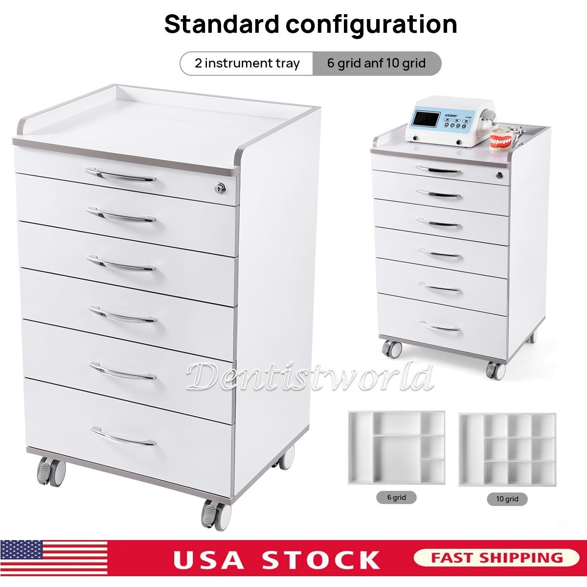 Acrylic Mobile Cabinet with Five Drawers Dental Silicone Wheels Instrument Trays