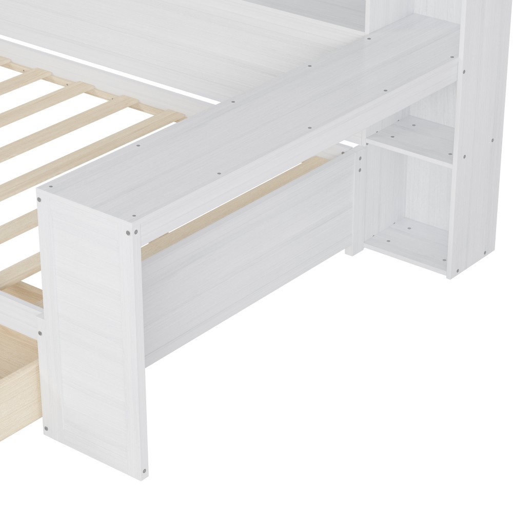 Wooden Full Size Daybed with Storage Shelves, Multi-functional Bed