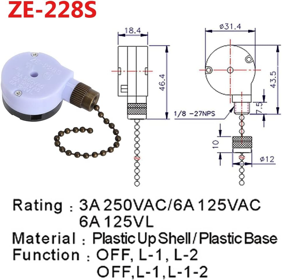 ZE-228s 2 Speed 3 Wire Ceiling Fan Switch Pull Chain Switch Lamps Replacement...