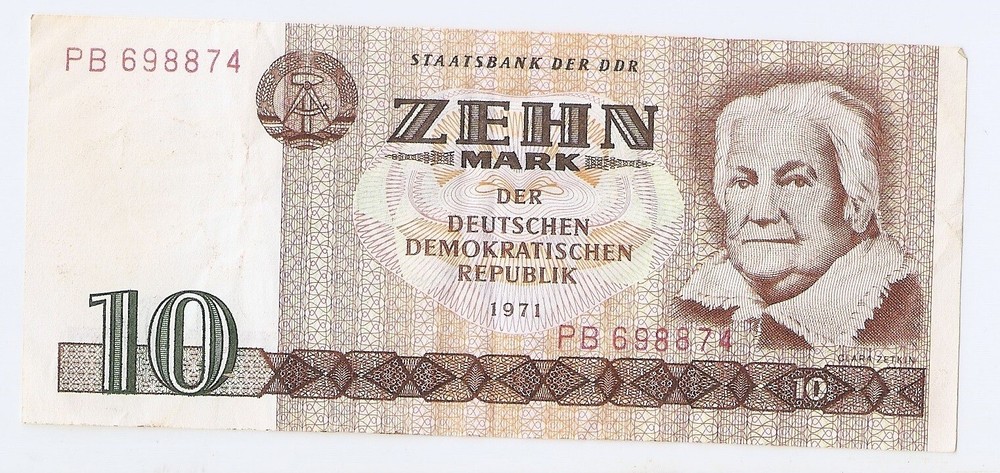 GERMANY, Democratic Republic 10 Mark 1971   6 digit wide serial #.