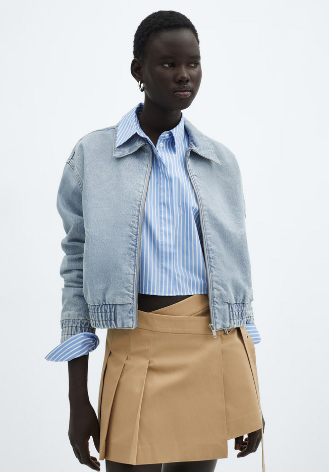 NWT MANGO MNG LIGHT BLUE DENIM BOMBER JACKET SZ S SMALL