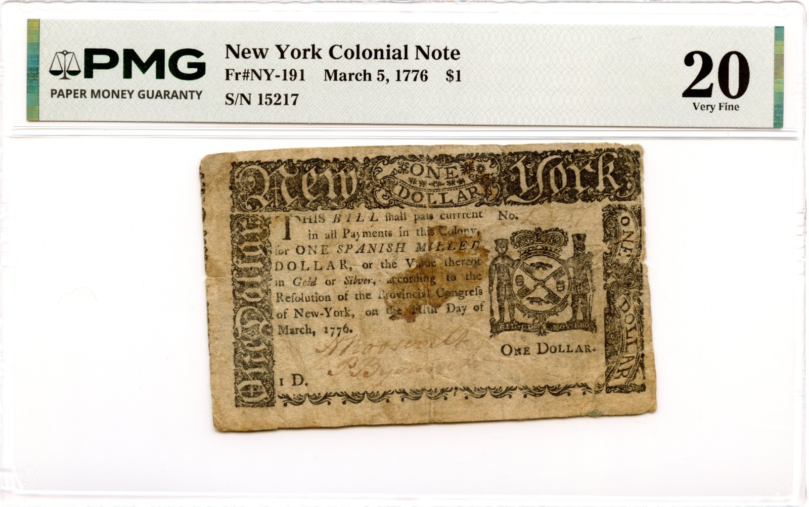 New York Colonial Note Fr#NY-191 March 5, 1776 $1 PMG VF-20