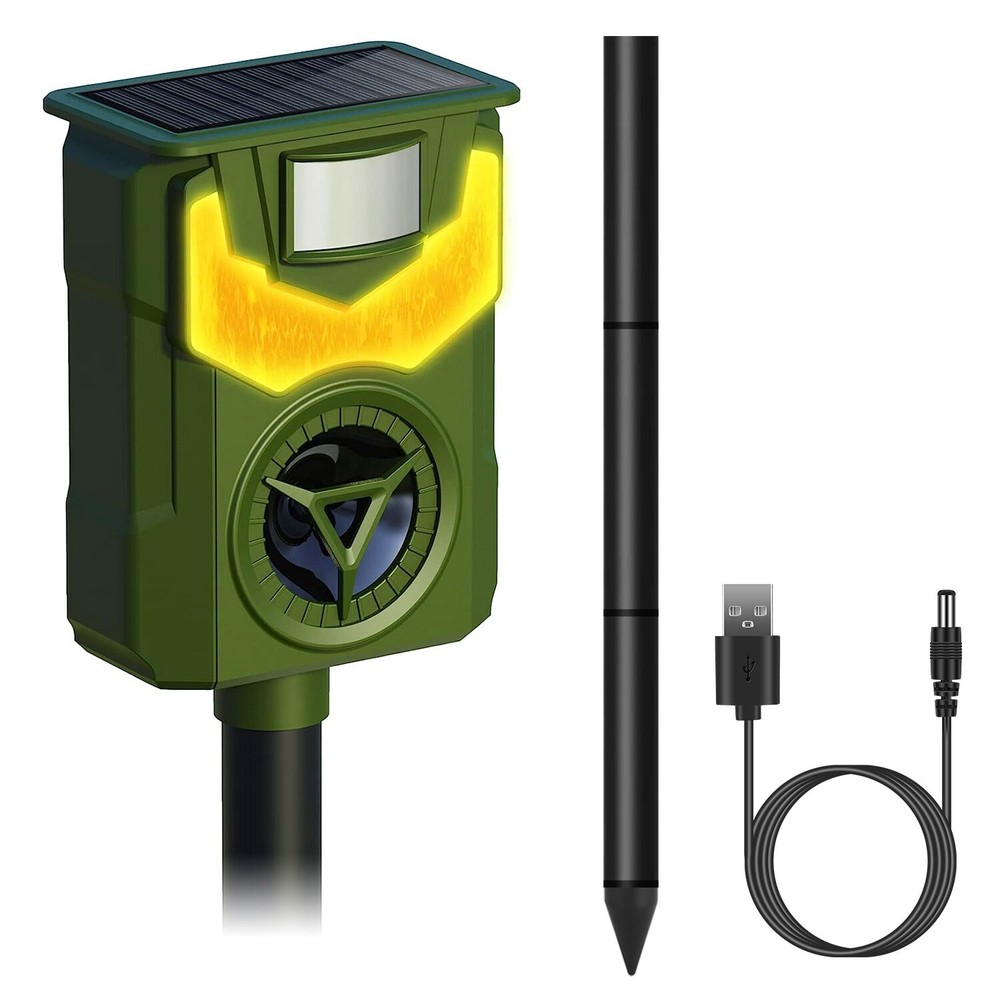 Solar Animal Repeller Ultrasonic Deer Repellent with Motion Sensor Flame Light