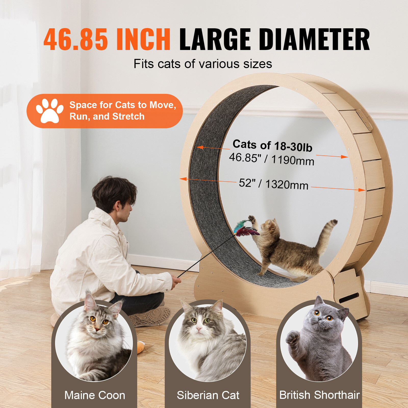 Wooden Cat Exercise Wheel 52" Large Cat Treadmill Wheel for Indoor Cats