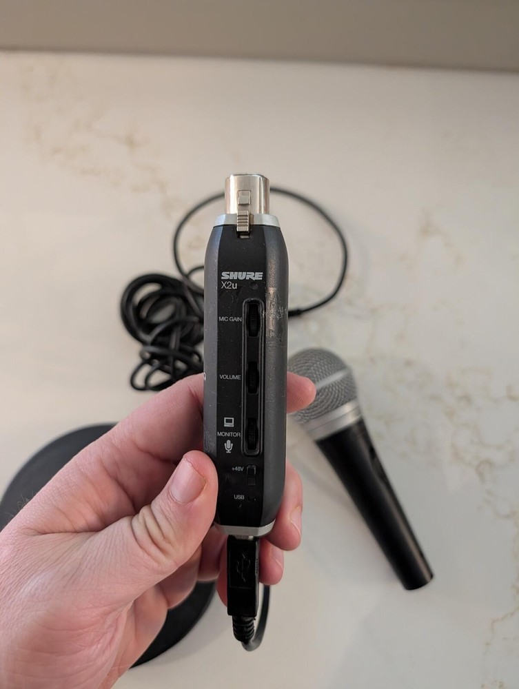 Preowned Shure PG48 Microphone, X2u Adapter, Peavey Mic Base