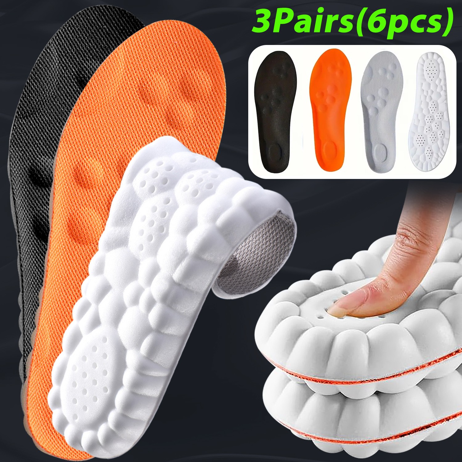 3Pairs Cushioning Insoles Memory Foam Work Sports Soft Insoles - Size Large 7-14