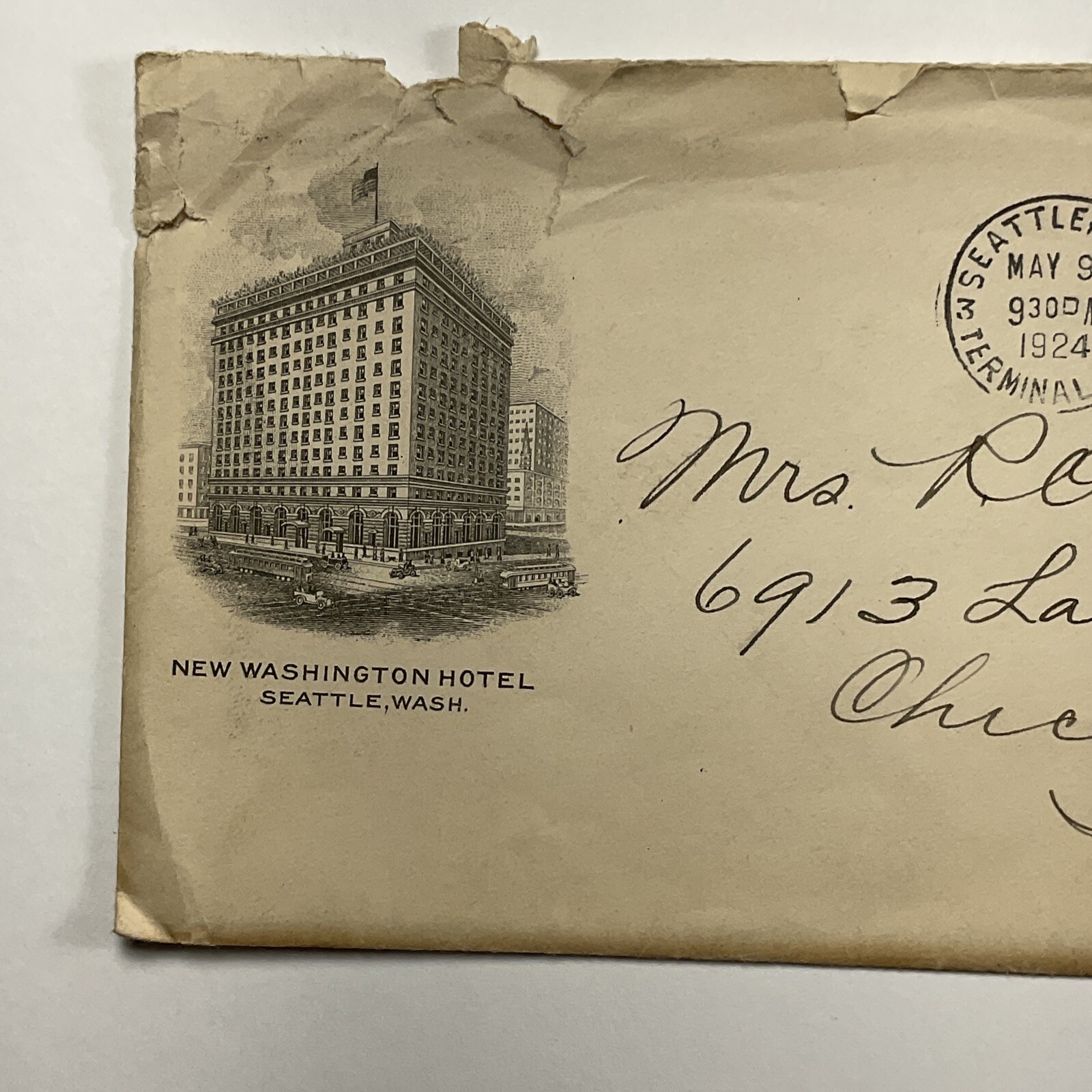 1924 Seattle, Washington New Washington Hotel Illustrated Envelope