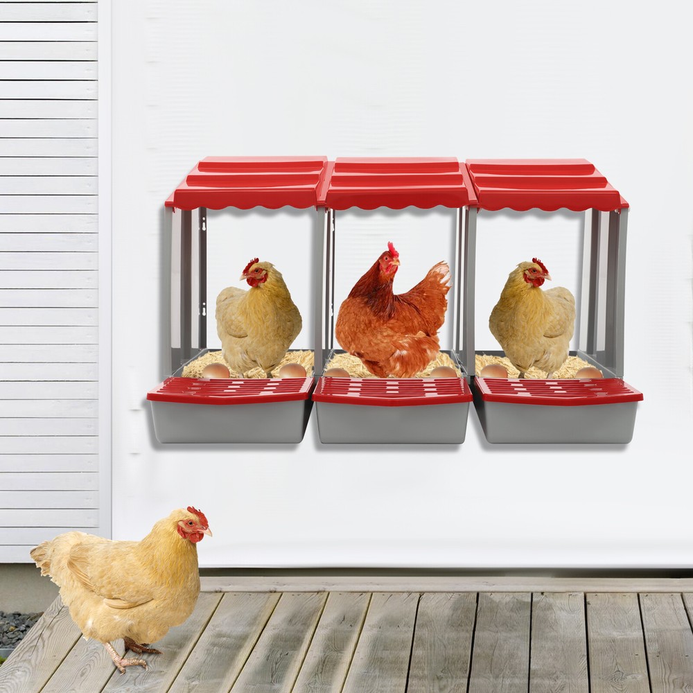 Red 3-Compartment Chicken Nesting Box Wall-mounted Rectangular Egg Collection US