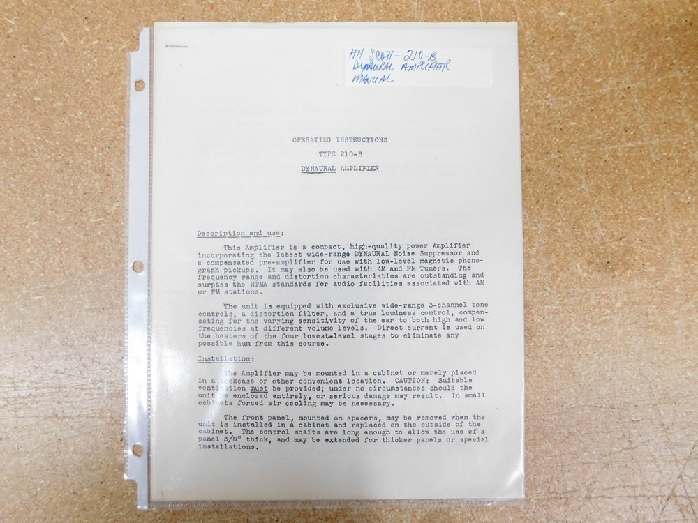 H.H. Scott 210-B Amplifier Operating Instructions w/ Schematics (original)