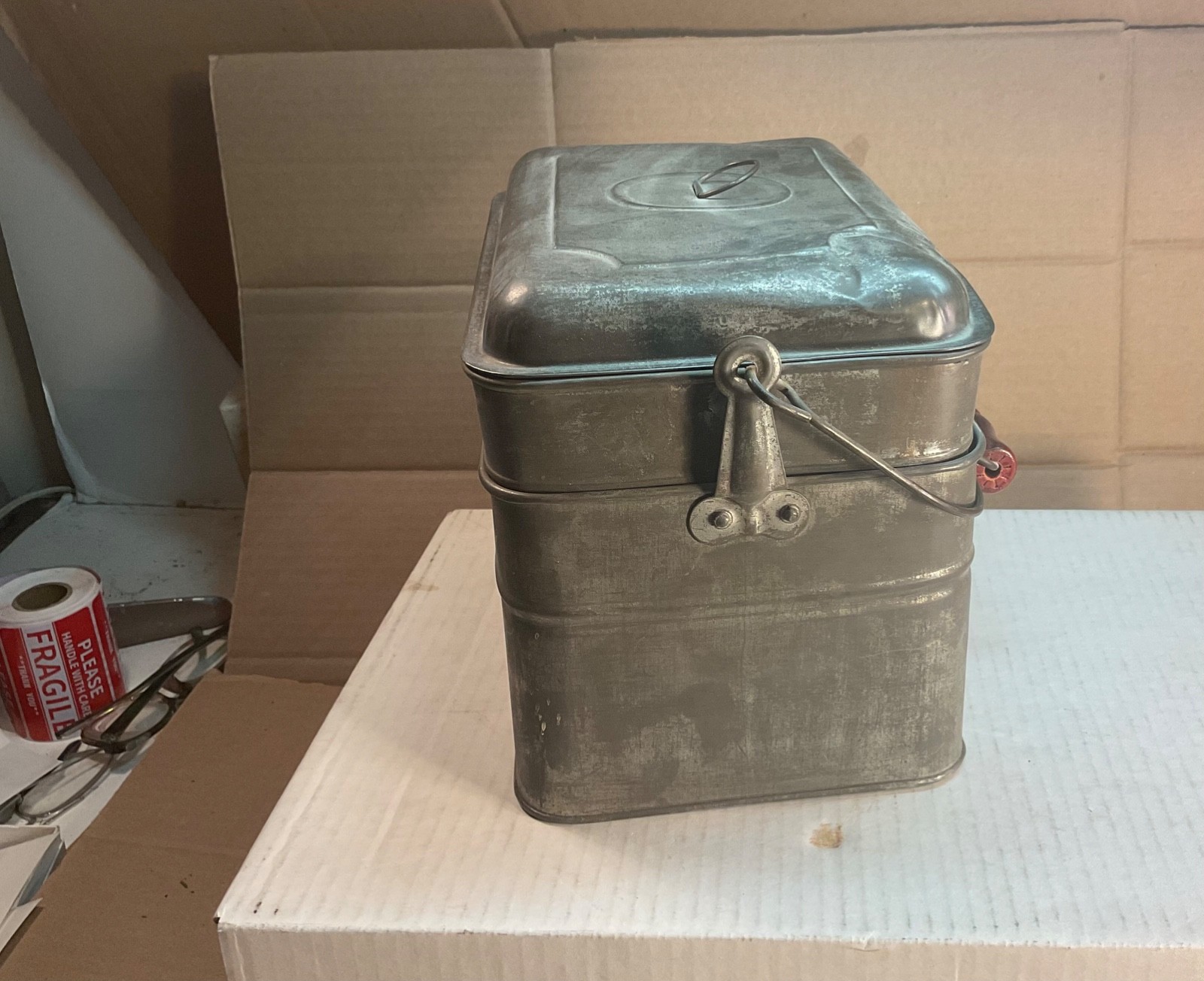 #255 TINWARE MINERS RAILROAD LUNCH PAIL DINNER BOX 3 PCS 7 1/2" TALL