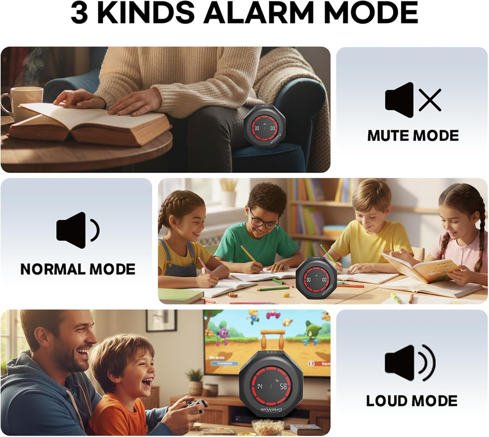 Flip Cube Pomodoro Timer - Rechargeable Visual Countdown & Count up Stopwatch, 7