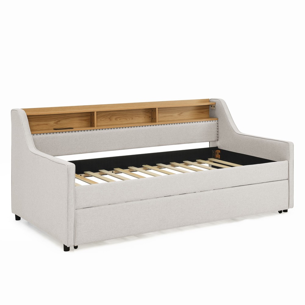 Twin Size Upholstery Sofa Bed with Three LED lights, with Storage Adjustable Hea