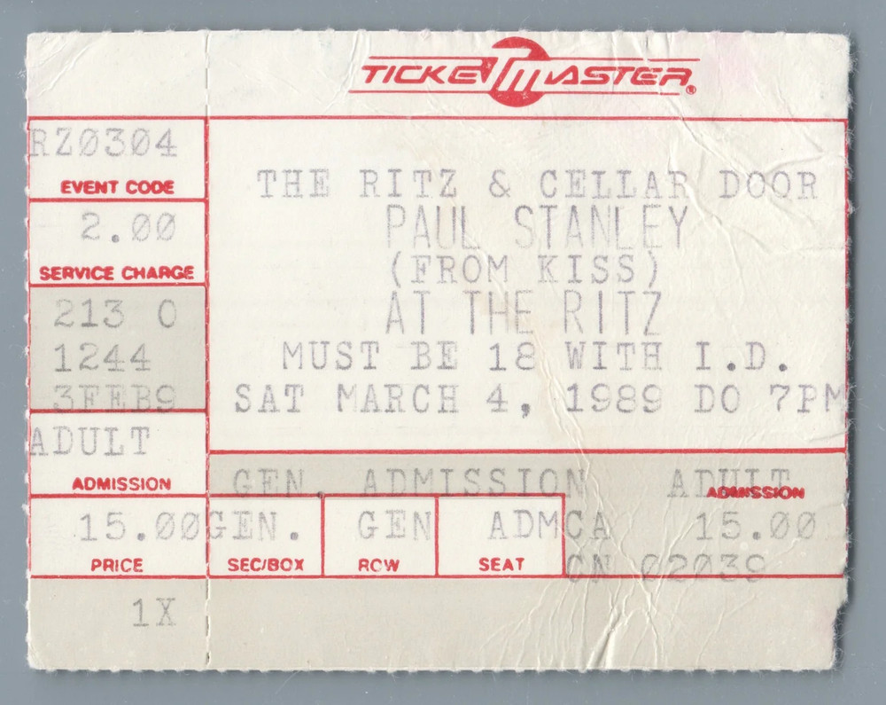 Paul Stanley (from Kiss) Live at the Ritz 3-4-1989 Ticket Stub Michigan