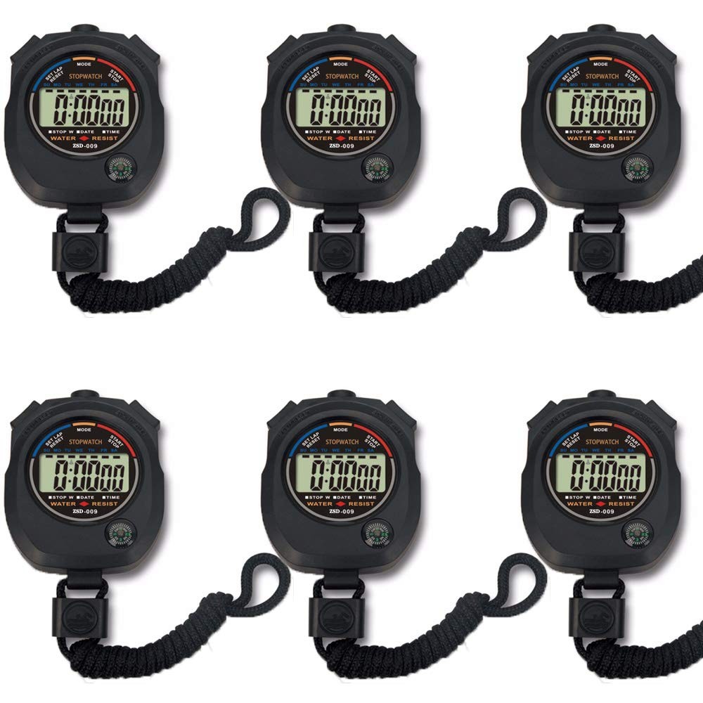 6 Pack Multi-Function Electronic Digital Sport Stopwatch Timer, Large Black