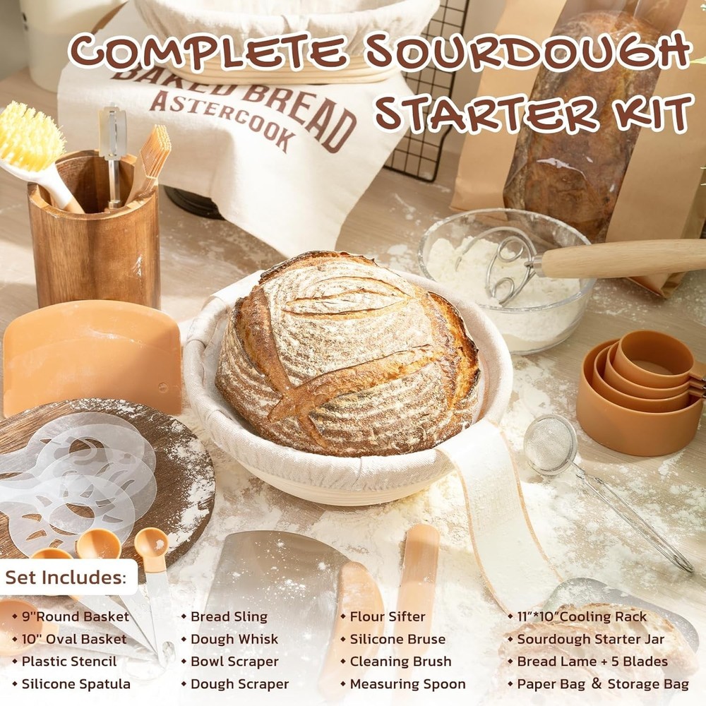 Sourdough Starter Kit with Round Oval Banneton Bread Proofing Basket Bread Sling