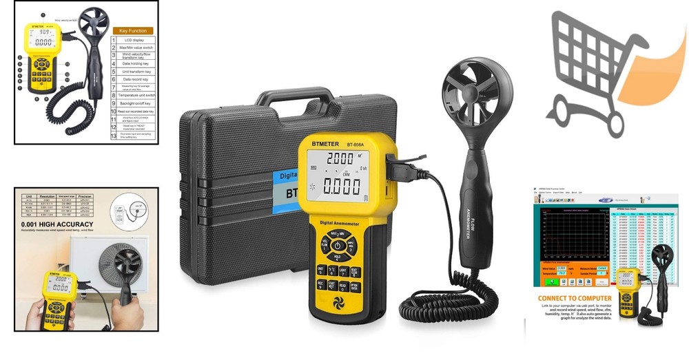 Pro CFM Anemometer Wind Speed Temp Flow Meter for HVAC USB Data Recording