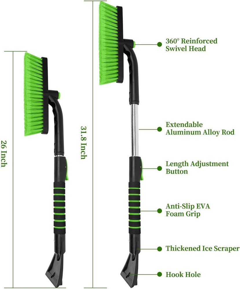 Extendable Snow Brush Ice Scraper Green 31.8" Extendable Foam Grip