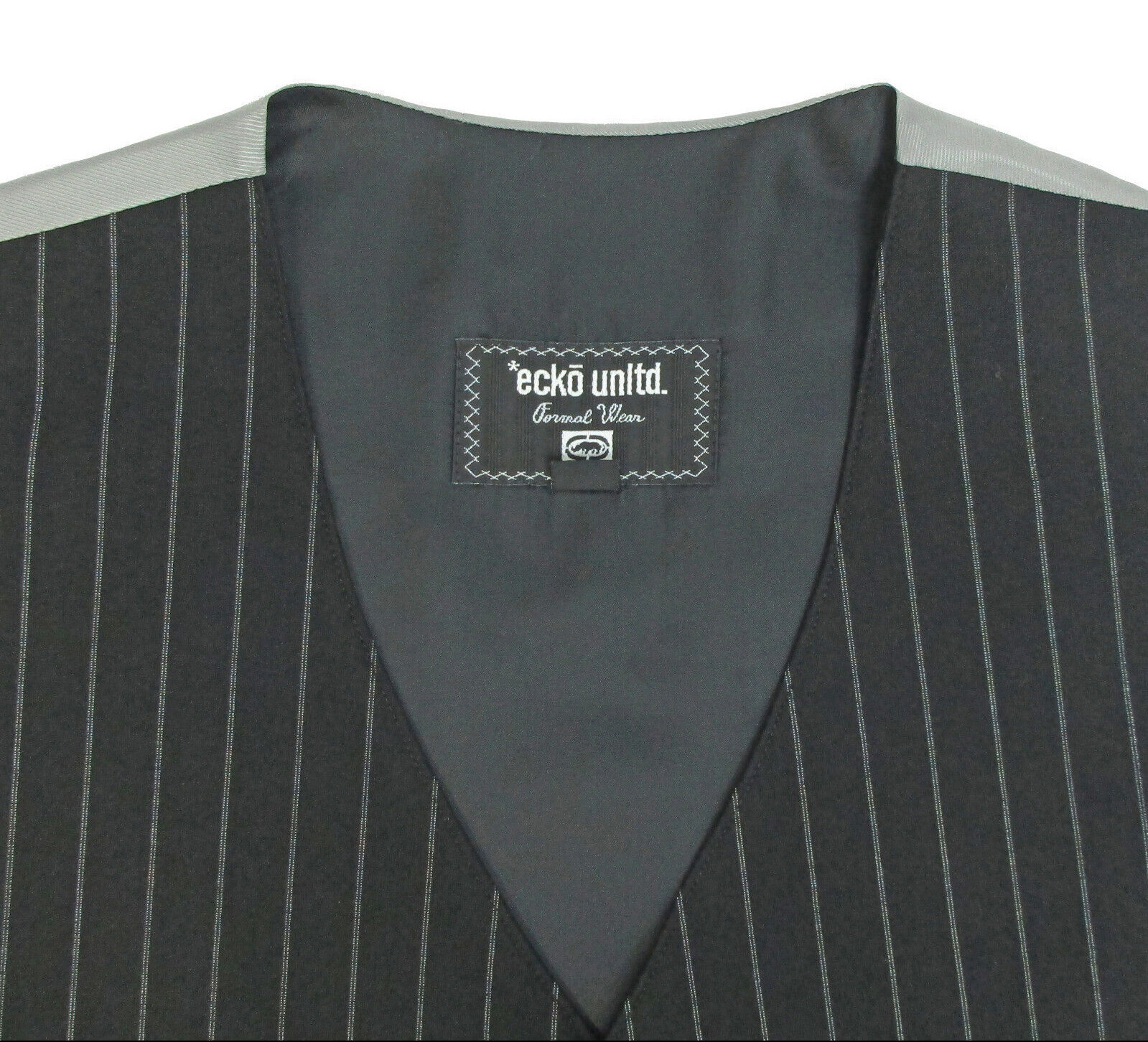 Men's Ecko Black Tuxedo Vest Set with Bow Tie Pinstriped Wool - Size Medium